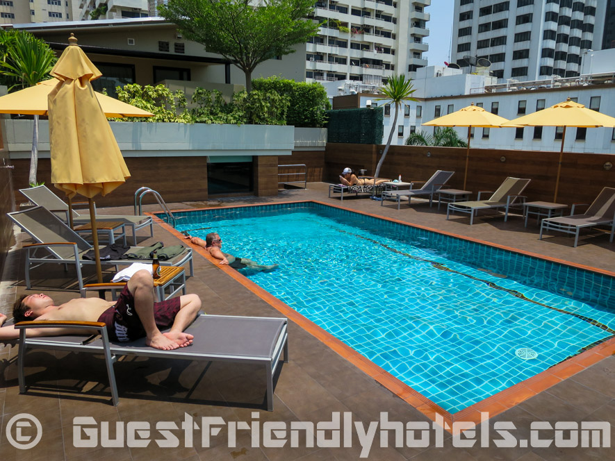 A small swimming pool is located at the rooftop in Dawin Bangkok Hotel