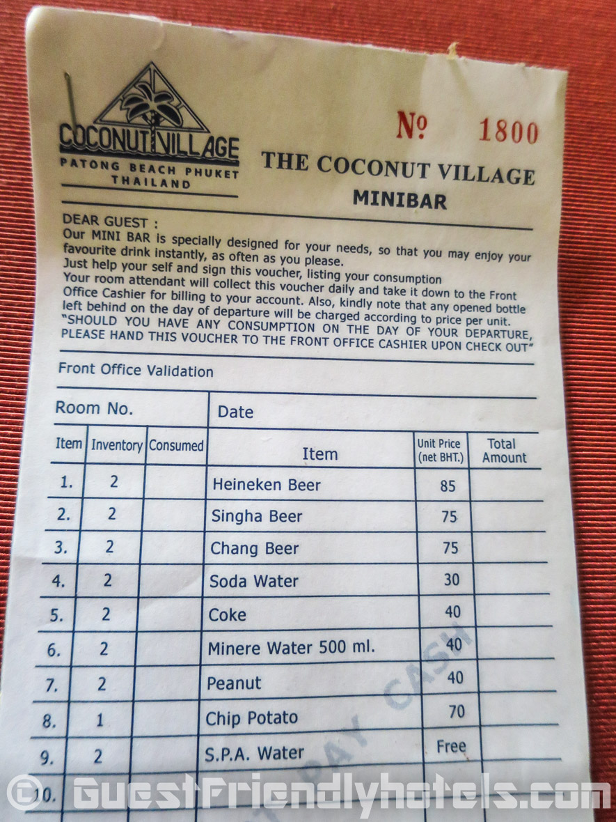 Drink price list of the mini-bar items at the Coconut Village Resort