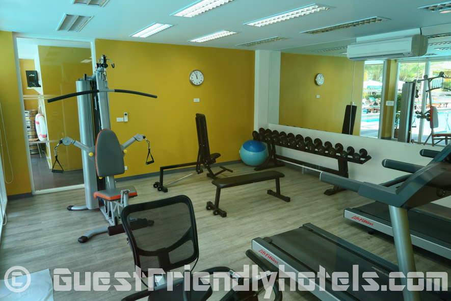 Grand bella hotel has a small fitness room at the pool level