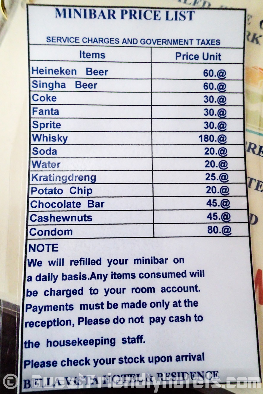 Price liist of items in the mini bar at the Eastiny Bella Vista Hotel & Residence