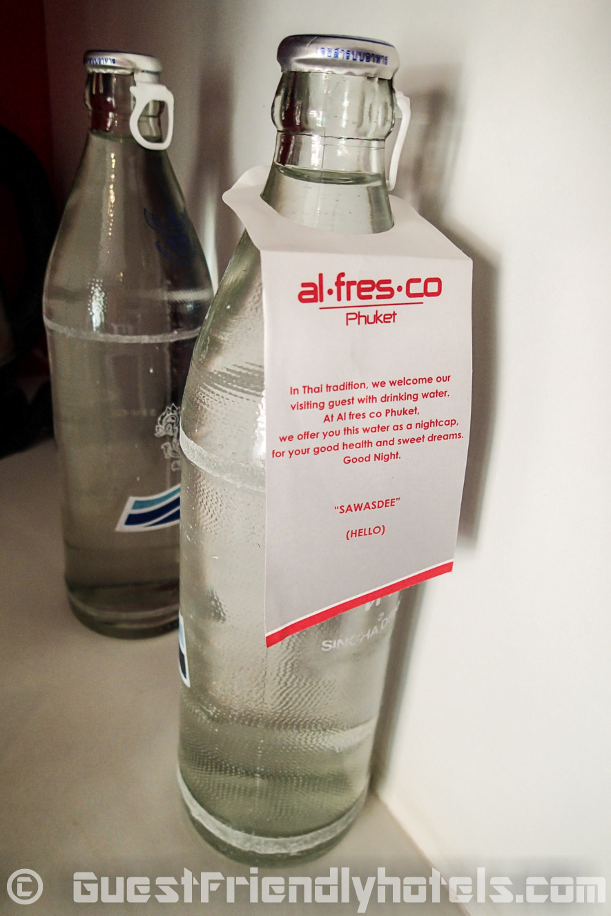 Usual two free bottles of water found in the rooms of the Alfresco Phuket Hotel