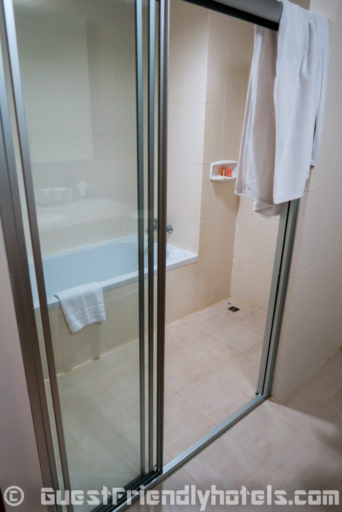 Glass door leading to tub and shower