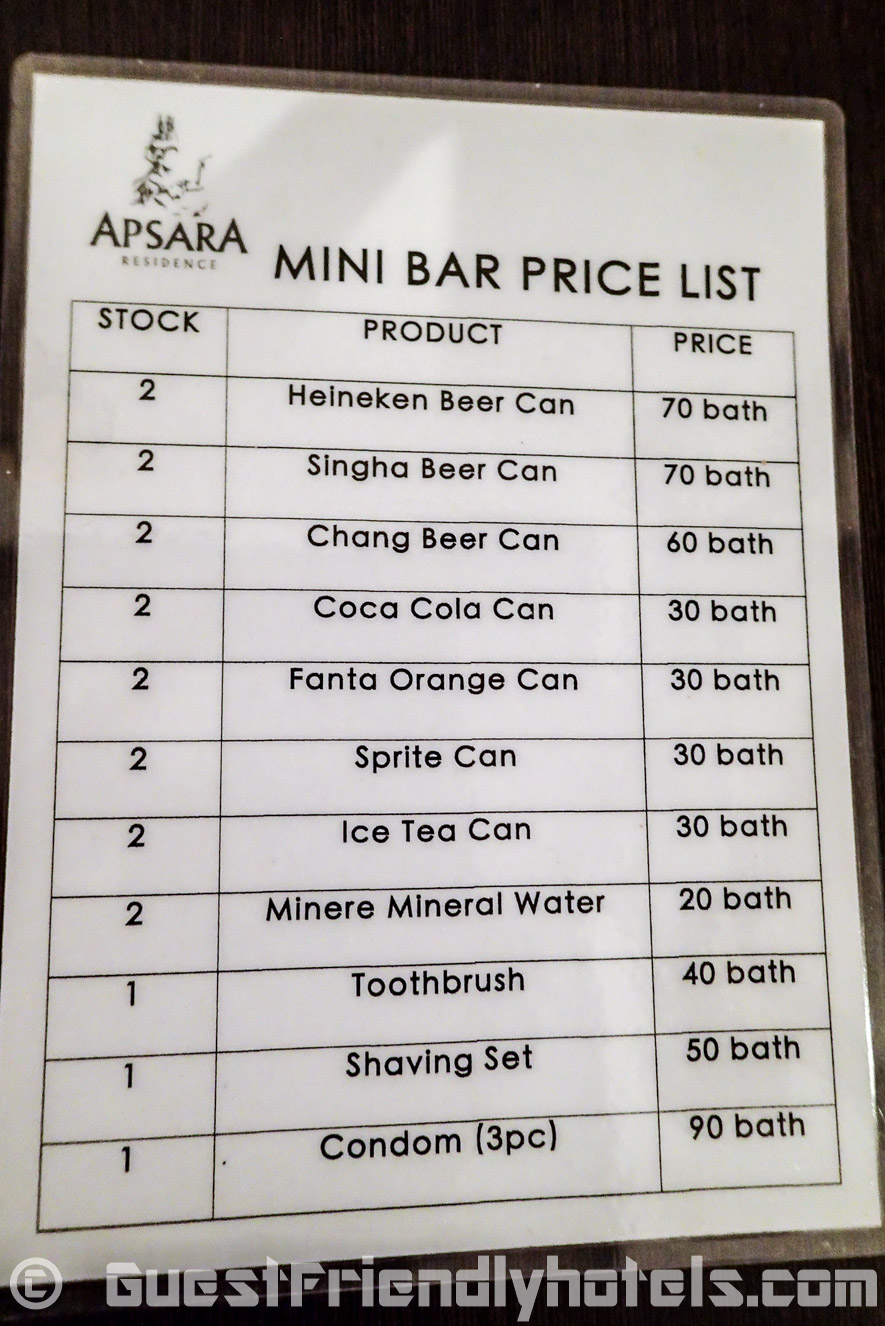 price list of drinks in the minibar at the Apsara Residence